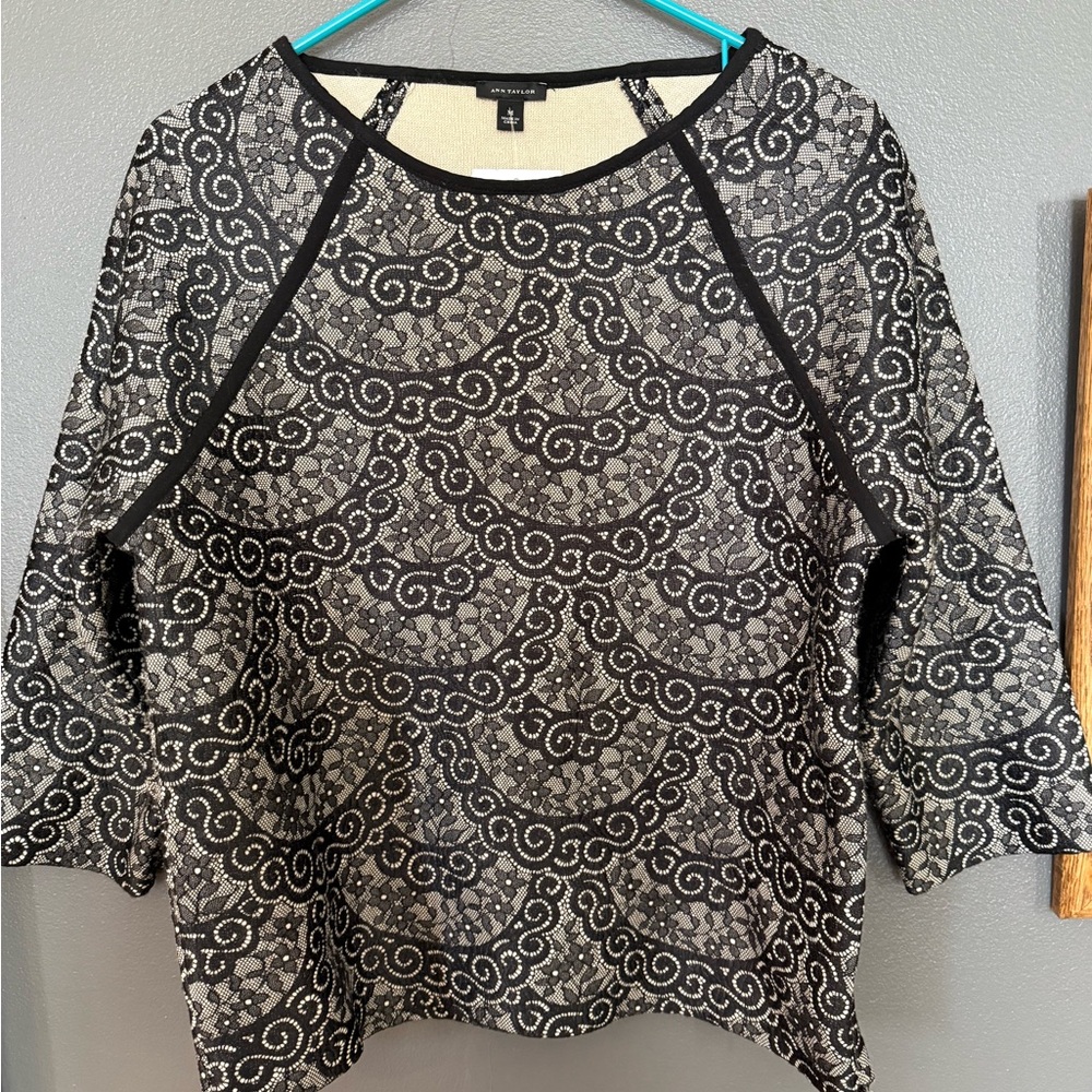 Ann Taylor Black and Cream Fleece Lined, Lace Patterned Blouse